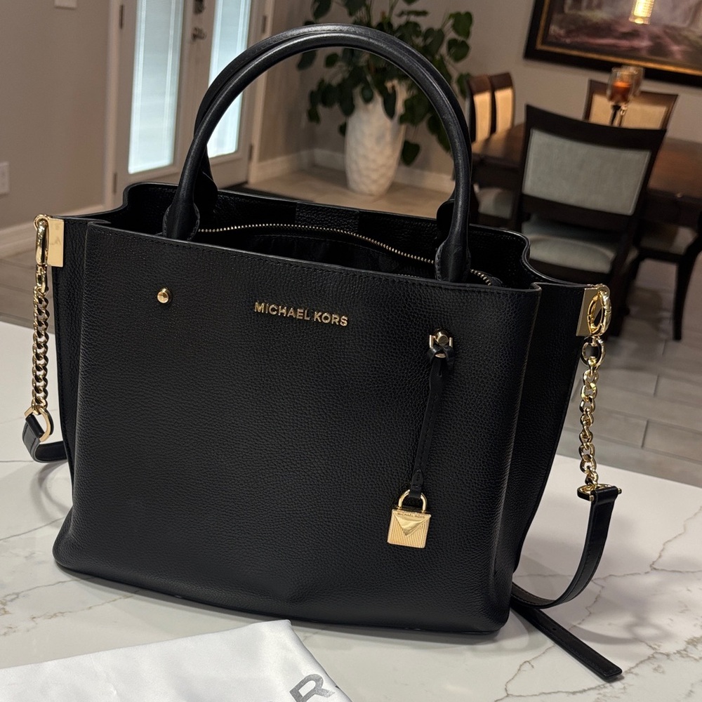 Michael Kors Black Leather Satchel with Gold Hardware - Picture 3 of 17